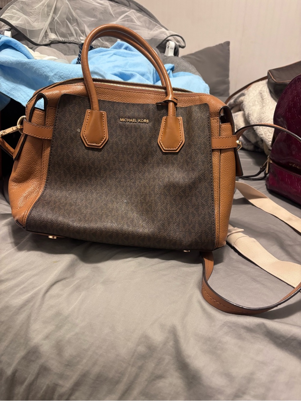 Michael Kors Brown & Tan Logo Satchel with Gold Hardware